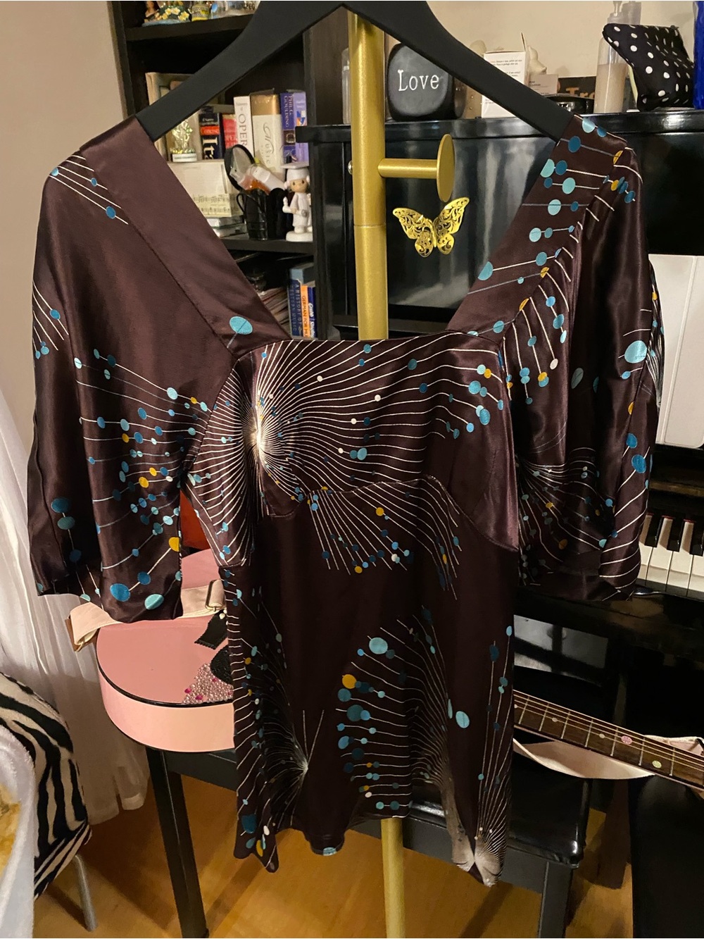 Trina Turk Brown Satin Blouse with Teal & Mustard Dot Print